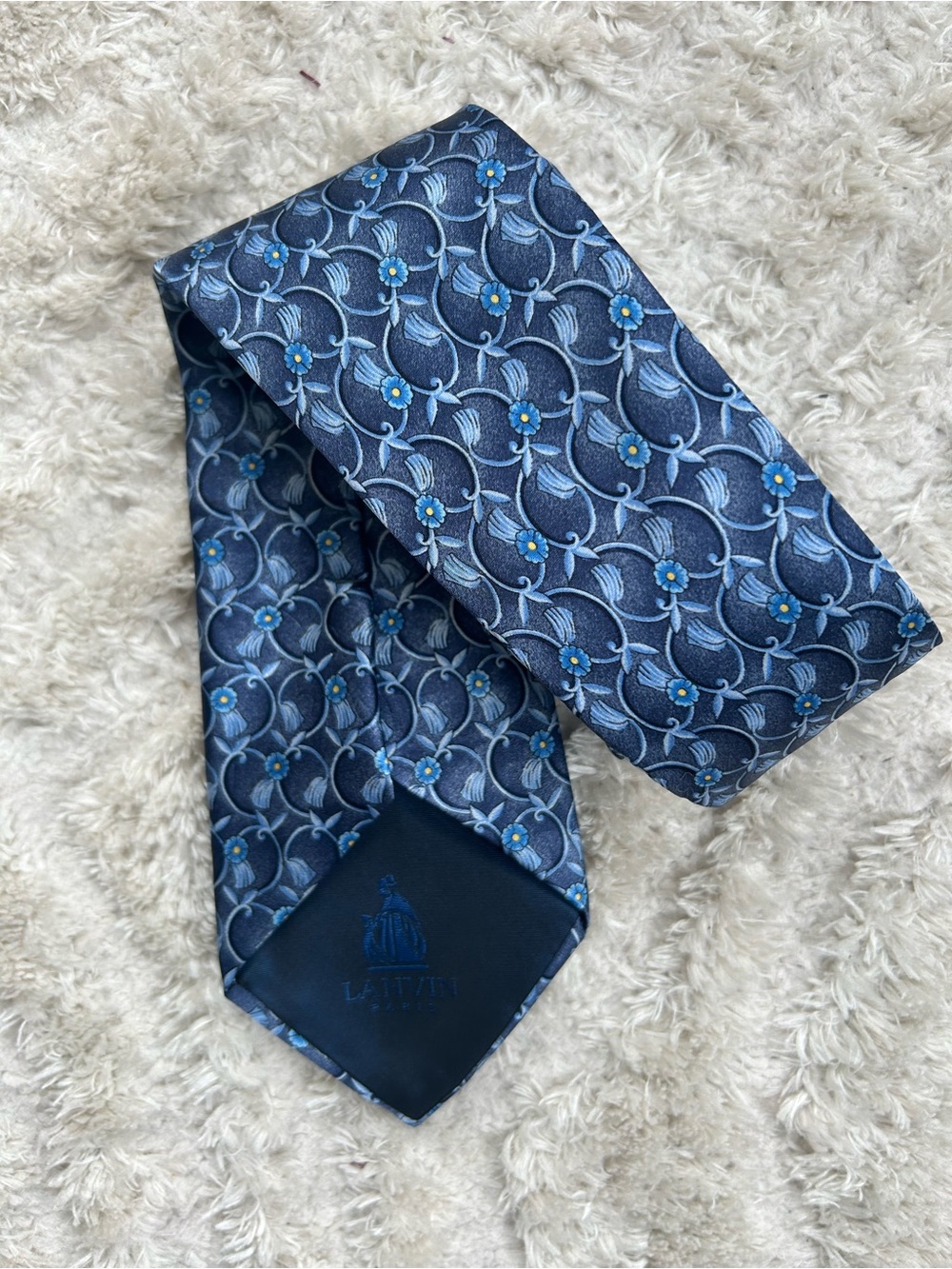 Lanvin Paris Navy and Yellow Floral Silk Tie